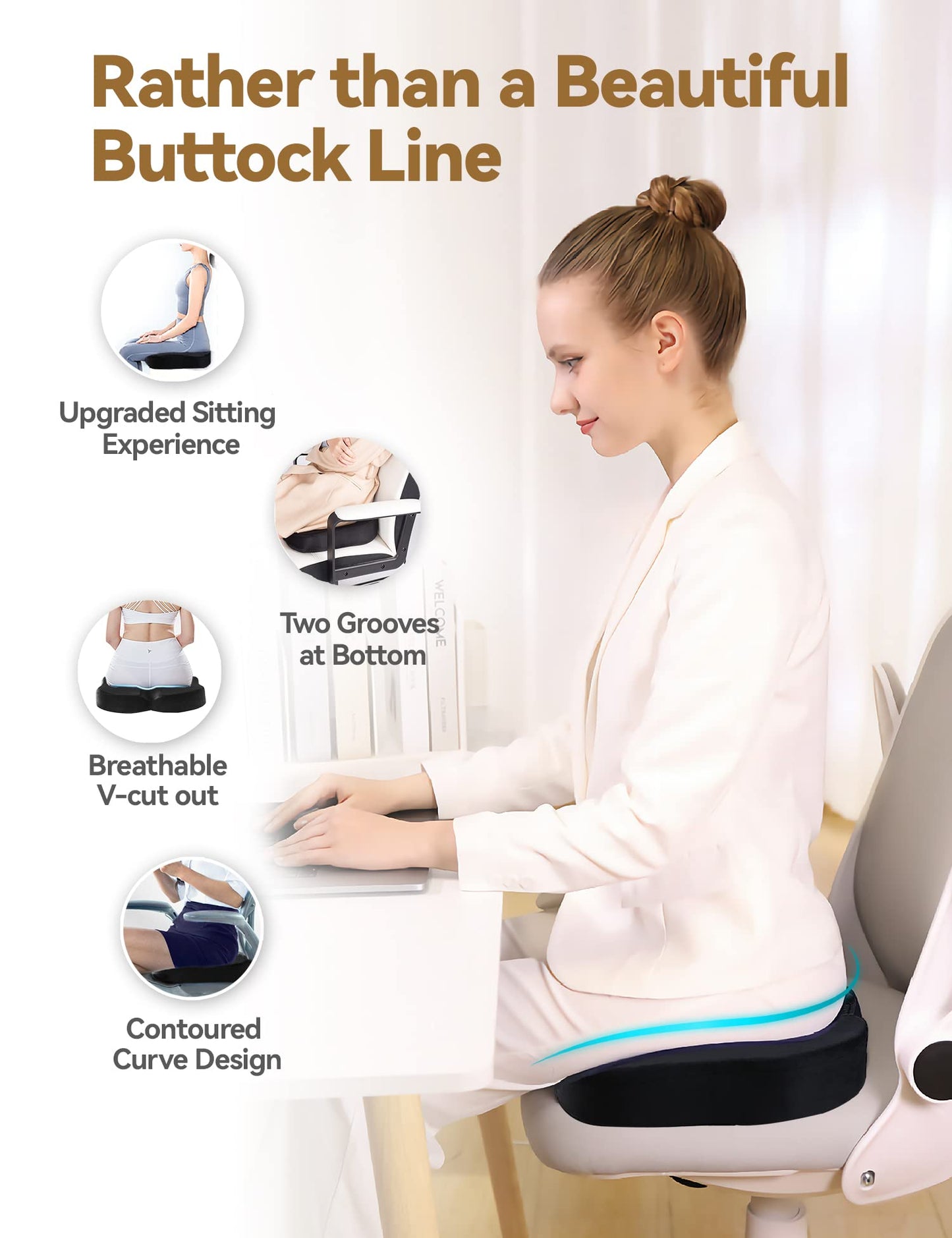 Travel Ease Ergonomic Seat Cushion, Premium Memory Foam Chair Pad with Anti-Slip Base for Long Hours Sitting Comfort, Hip Support Pillow for Office Chair, Car Seat, Gaming Chair (Black)
