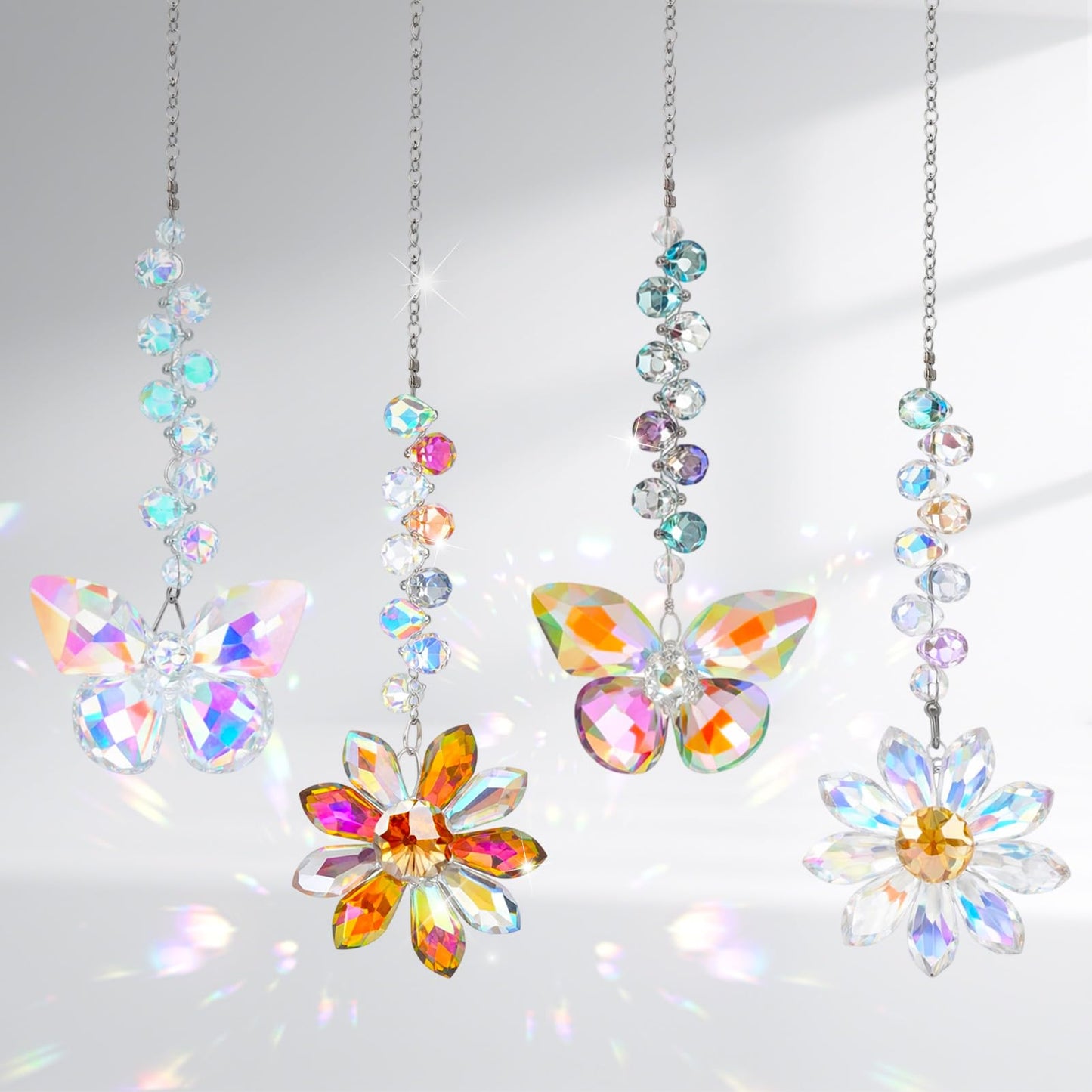 Hoemwarm 4 PCS Crystal Suncatchers 2PCS Butterfly 2PCS Flower Window Hanging Ornaments Rainbow Maker for Indoor Outdoor Garden Wedding Decor Gifts