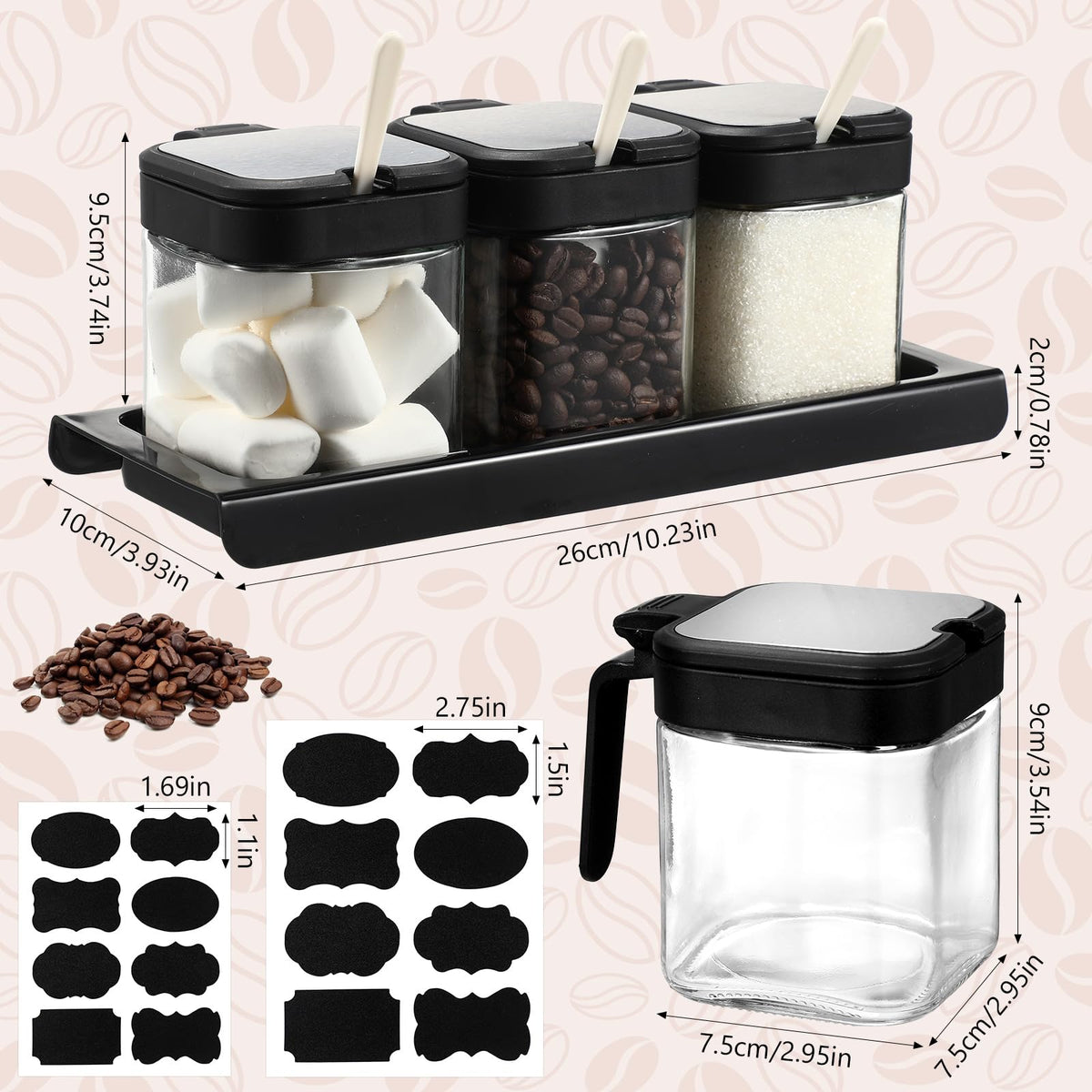 Suclain 3 Pcs Glass Coffee Containers Coffee Station Organizer Set, Airtight Bean Storage Jars with Shelf,labels,spoon, Base and Pen,for Sugar, Candy, Oats, Nuts(Black)