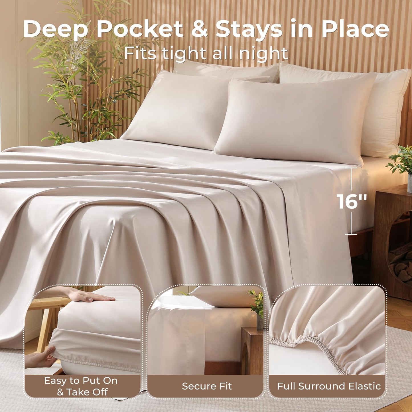 Bedlifes King Size 4-Piece Blend Rayon Derived from Bamboo Sheets Set, Cooling Bedding for Hot Sleepers, Breathable & Ultra Soft with 16" Deep Pockets, Wrinkle Resistant Hotel Silky Feel, Champagne