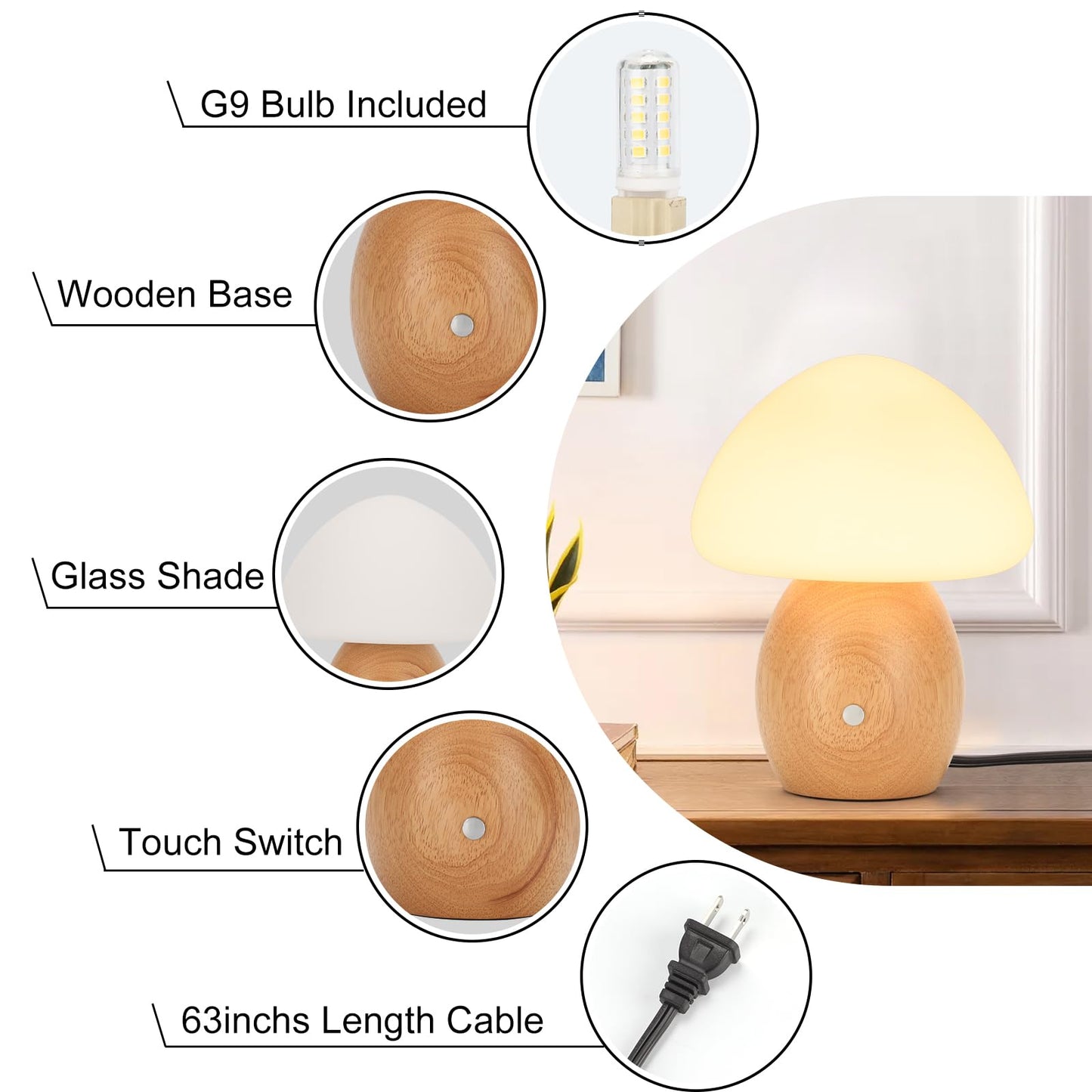 BNYFDC Mushroom Lamp with Touch Control Switch, Small Wooden Table Lamp with Glass Shade, 3 Way Dimmable Nightstand Lamp for Bedroom, G9 LED Bulb Included (Nature Wood&Opal White Glass Shade)