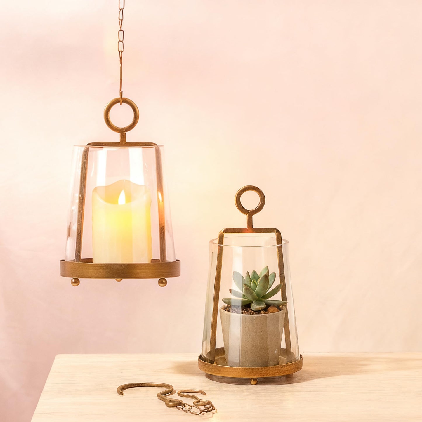 Twakutwaku 6" & 4" Wide Modern Farmhouse Metal Hurricane Candle Holder with Handmade Sturdy Glass Sleeve in Antique Brass for Pillar Candle & Plants, Glass Hurricane Lantern, Industrial, Minimalistic