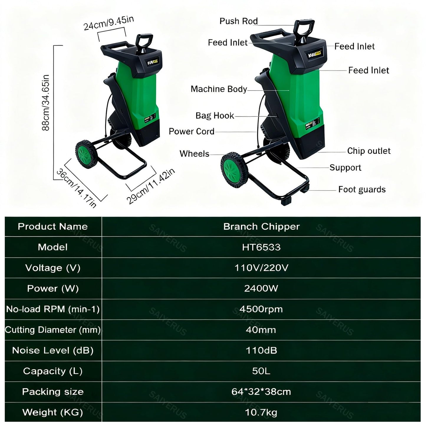 SAIYERUS Wood Chipper, 2400W 1.6" Cutting Diameter Electric Wood Chipper & Shredder with 50L Collection Bag, Efficient Mulcher for Easy Cleanup and Ideal for Yard Waste, Branches, and Leaves