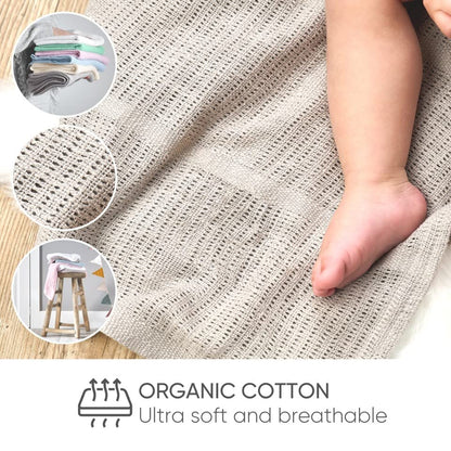 Bloomsbury Mill - Cellular Blankets Baby - Soft 100% Organic Cotton Baby Blanket - Pack of 2 - Essentials For Newborn - Ideal for Cot Bed, Travel, Car Seat, Pram, Moses Basket - Cream 75x95cm