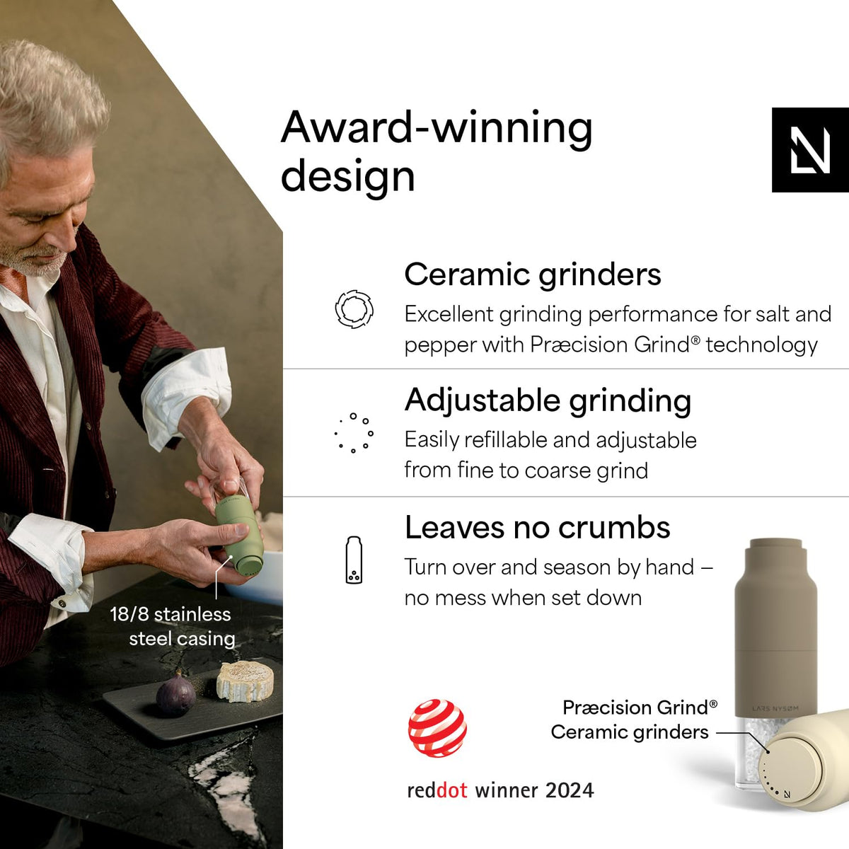 LARS NYSØM Salt and Pepper Grinder Set, Stainless Steel Manual Salt and Pepper Mills, Adjustable Ceramic Grinder, Design Spice Shakers (Brown/Beige)