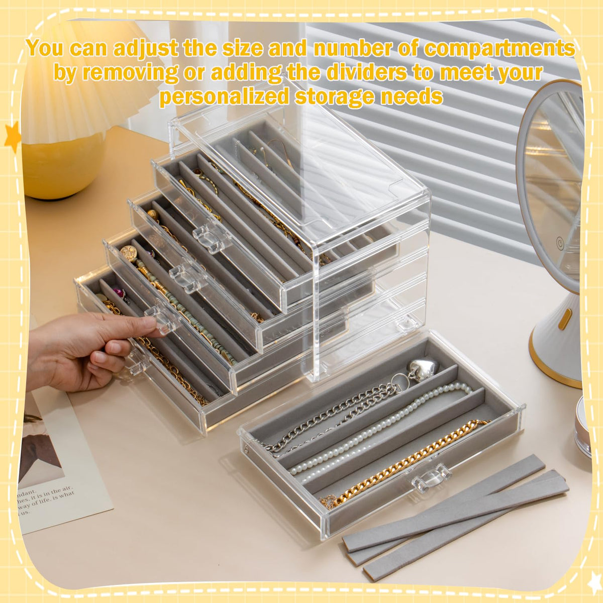 Necklace Organizer Box with 5 Drawers 30 Compartments, Dustproof Velvet Necklace Display Tray, Acrylic Necklaces Display Case, Pendant Chains Necklace Storage Tray Gift for Women and Girls (Grey)