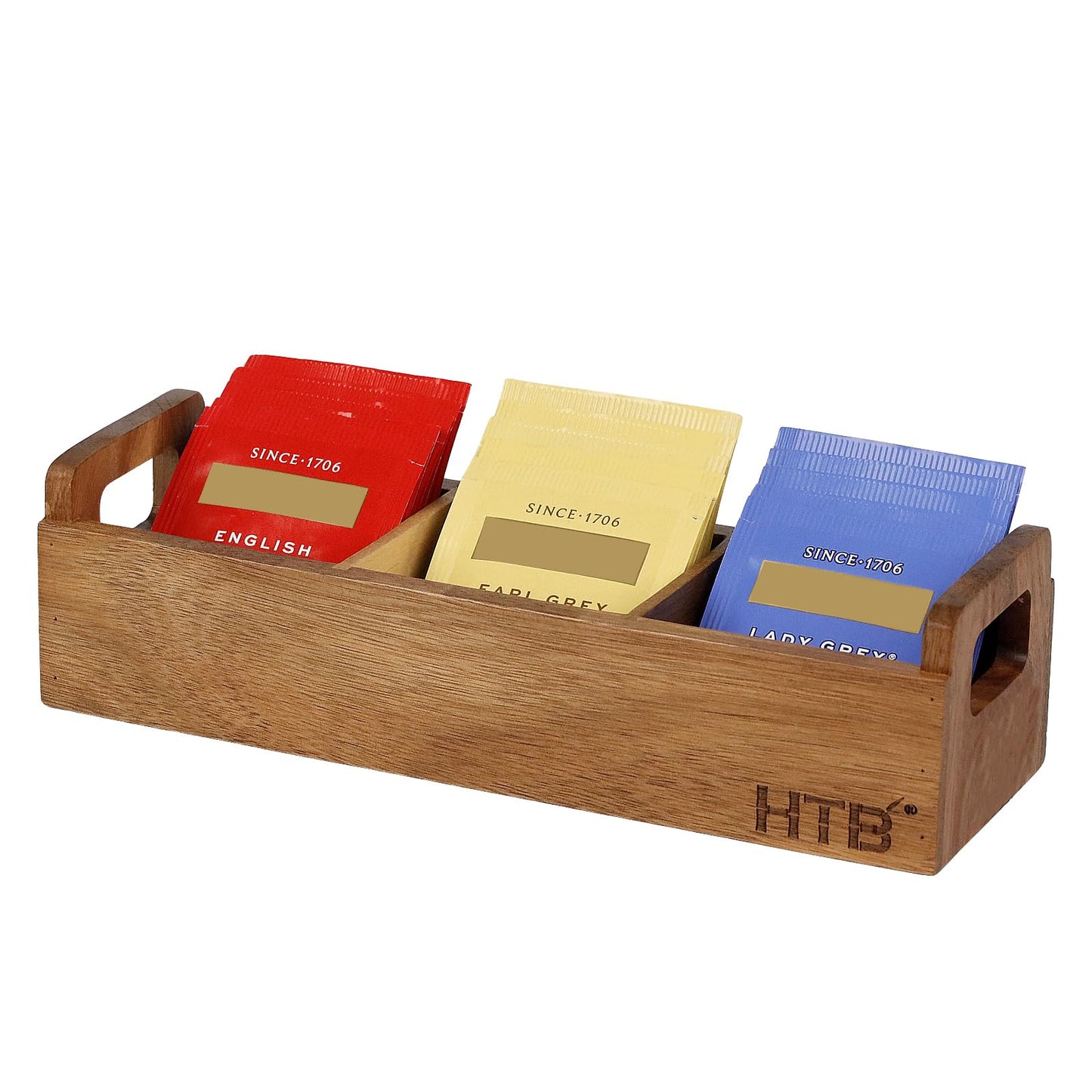 HTB Small Tea Bag Box Wooden, 3 Compartments Acacia Wood Tea Bag Chest with Handle, Mini Countertop Divided Storage Container for Beverage Supplies, Sugar, Sweeteners, Individual Packets