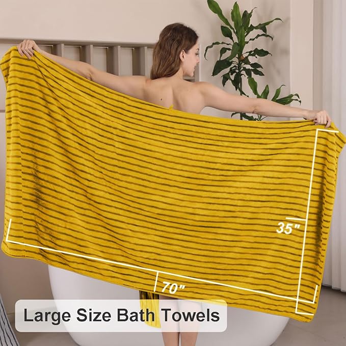 4 Pcs Yellow Cabana Stripe Large Bath Towels 35"x70" Oversized Bath Sheet Super