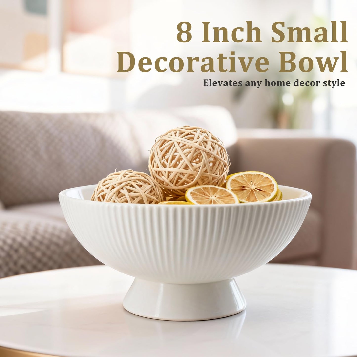 Gutedeal Small Decorative Bowl 8 Inch Multi-Use White Ceramic Fruit & Key Bowl for Kitchen, Entryway, Centerpiece Modern Handcrafted Home Decor Pedestal Bowl & Wedding Gift