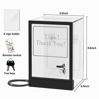 HEMYLU Tip Jar with 2 Sign Holders, LED Light & Lock for Bar & Party, Donation Box with Sign Holder ''Tips! Thank You!'', Suggestion Box with DIY Blank Sign Holder for Getting Cards, Voting & Ballots