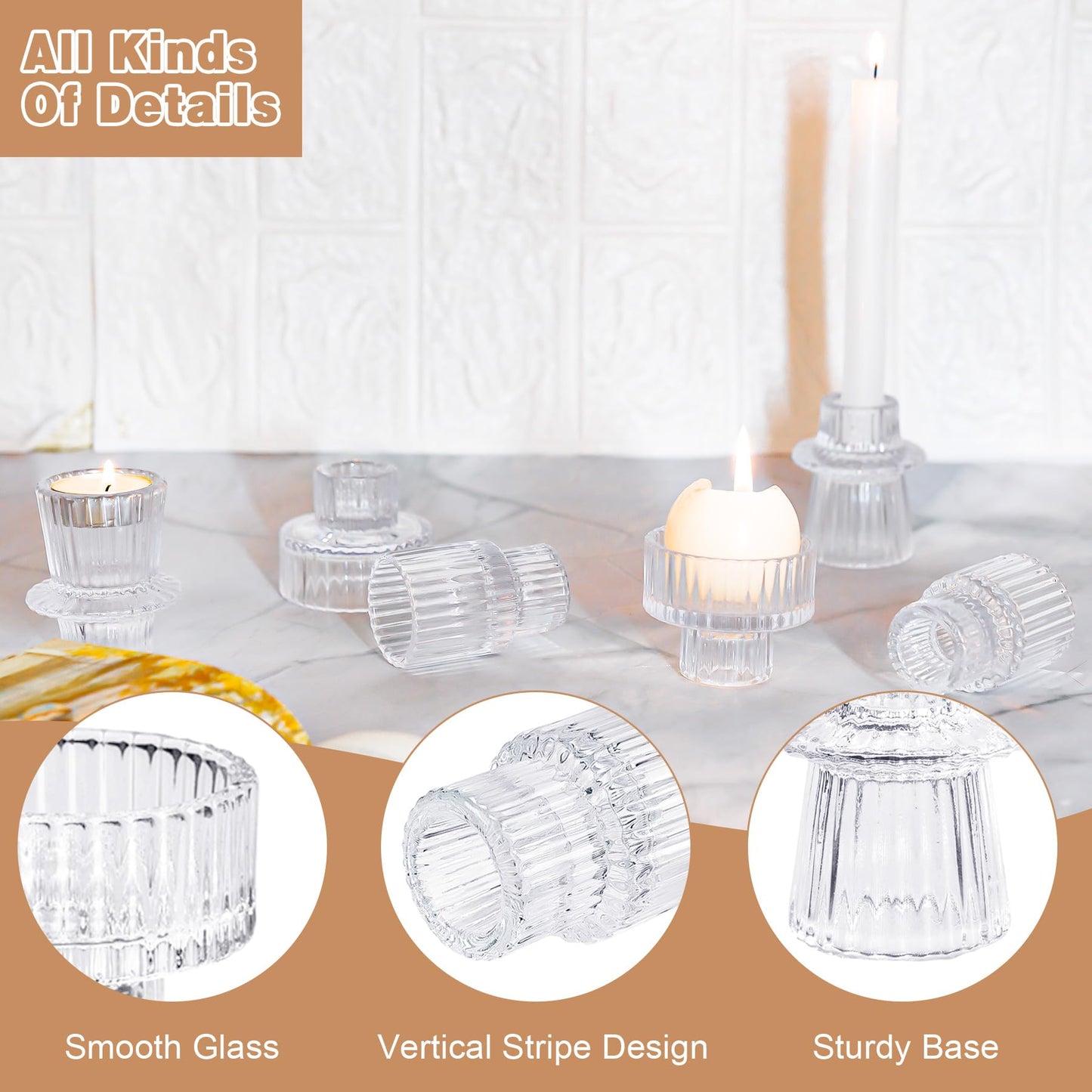 Toptime Candlestick Holders Set of 6, Ribbed Glass Taper Candle Holders, Reversible Clear Tealight & Candle Stick Candle Holder Vintage Crystal Tealight Candle Holder for Wedding Dinner Party