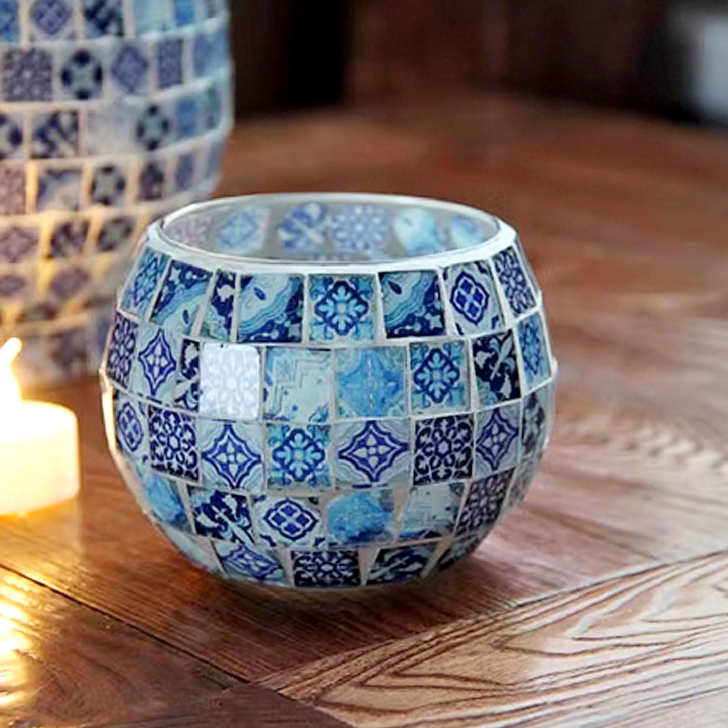 Mosaic Glass Tea Light Holders Romantic Stained Votive Candle Holder, MIATTCLD Round Handmade Tealight Candle Holder for Table Centerpieces, Christmas, Valentine, Birthday Party, Home Decor (L)