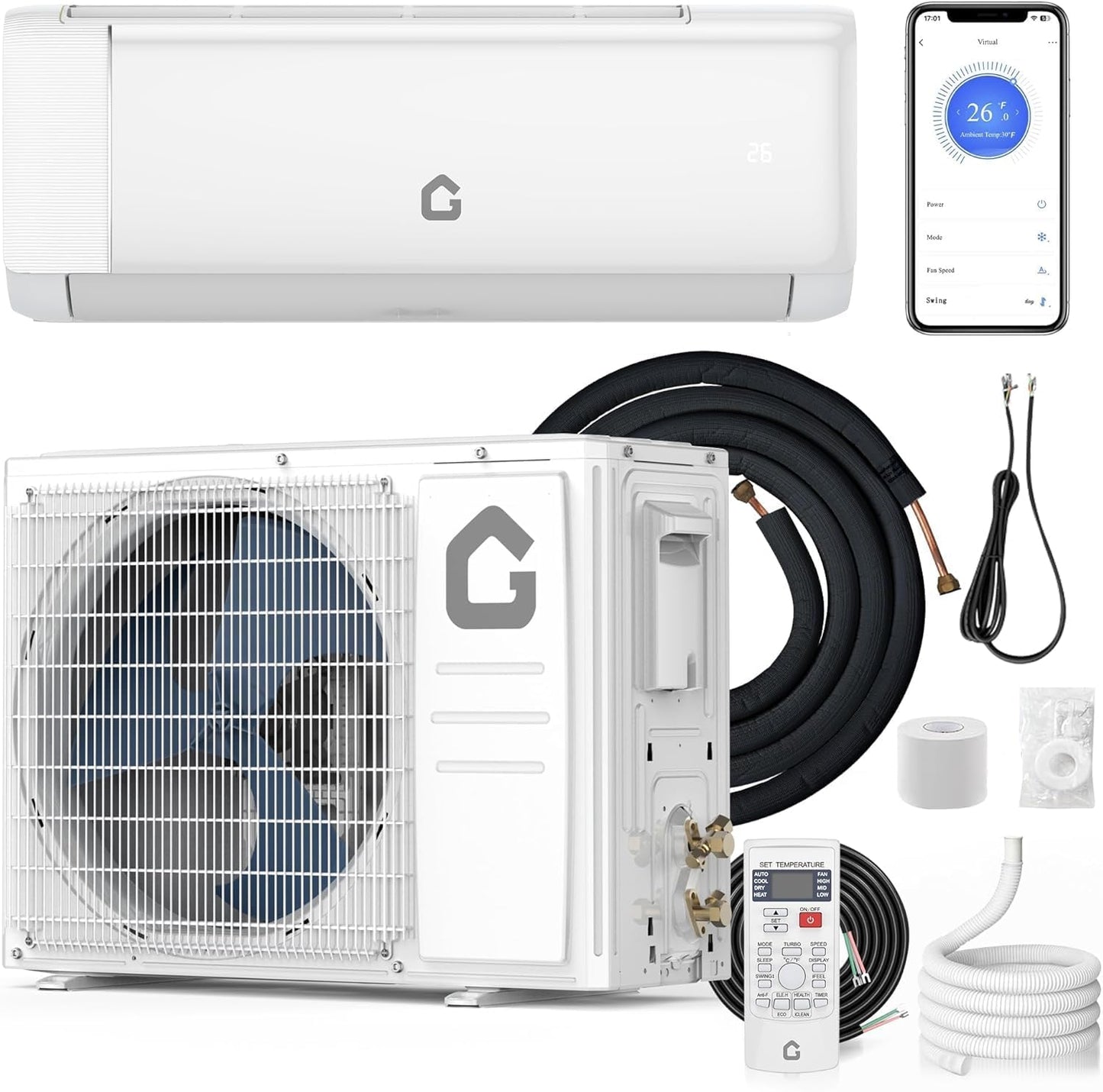 9,000 BTU Mini Split Air Conditioners, AC/Heating System, 20 SEER2, Quiet Operation, 230V WIFI Enabled Energy Efficient Mini Split Unit, Heat Pump & Installation Kits for Rooms Up to 450 Sq.ft