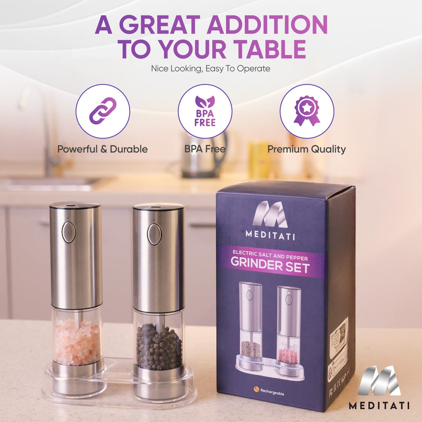 Meditati Rechargeable Automatic Salt and Pepper Grinder Set - One Hand Operation with LED Light for Precise Seasoning - Adjustable Coarseness with Ceramic Core - Set of 2