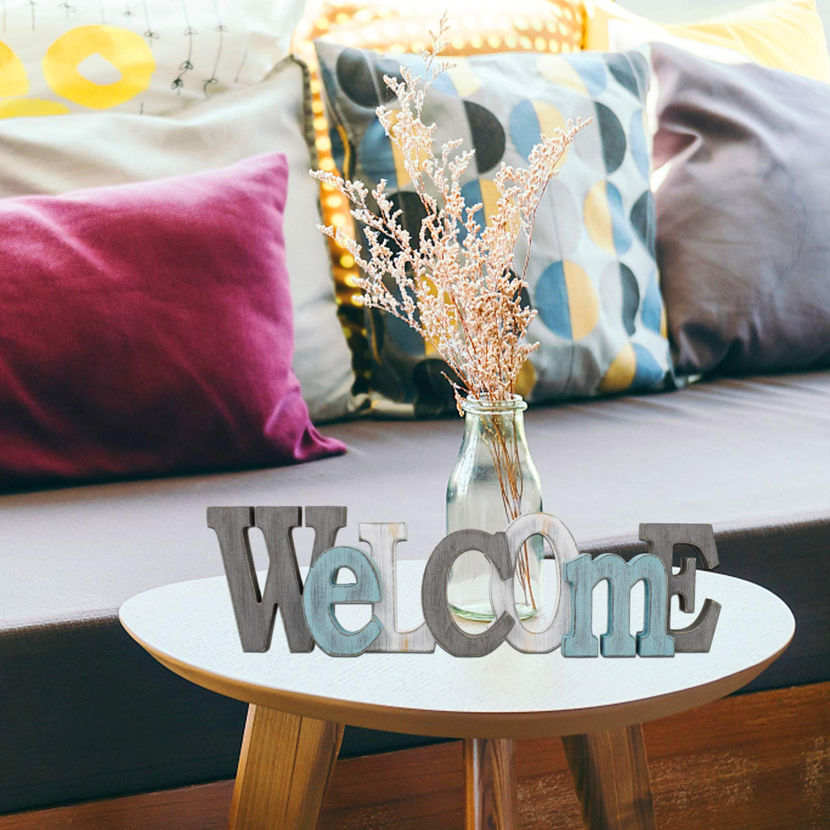 Waroom Home Rustic Wood Welcome Sign Decor - Decorative Block Word Letters, Hanging Wooden Cutout Wall Decoration (Gray)