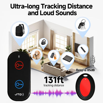JTD Key Finder Locator with Sound, Remote Finder - 2 Receivers, 1 Car Tracker Keychain,85dB Loud, 131ft Range Tracker for Keys, Wallet, Pet,TV Remote Control - No App Needed Item Finder for Home