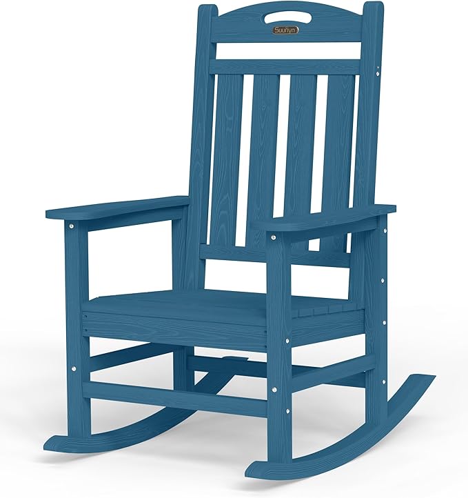 Oversized Rocking Chair Outdoor, High Back Porch Rocker Chair, HDPE All Weather Resistant Rocking Chairs for Patio, 380lbs Weight Capacity, Navy Blue