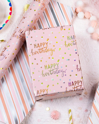 MAYPLUSS Birthday Wrapping Paper Roll, Pink Metallic Holographic Happy Birthday Wrapping Paper Featuring Revesible Stripe Gift Wrap Paper for Girls Boys Kids Men, 17 Inches x 33 Feet