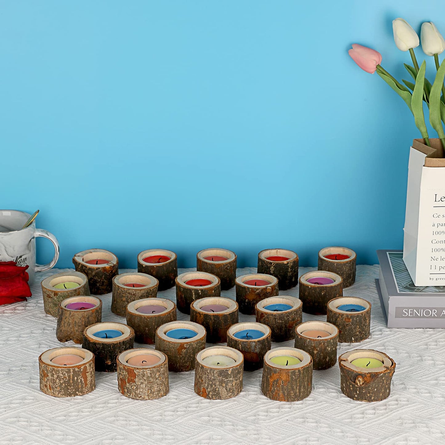 OwnMy Set of 24 Wooden Tea Light Candle Holders Votive Candle Holders, Rustic Wooden Pillar Candle Stands Vintage Tealight Holders Set Candle Centerpieces for Dining Table Wedding Party, 1.6" H