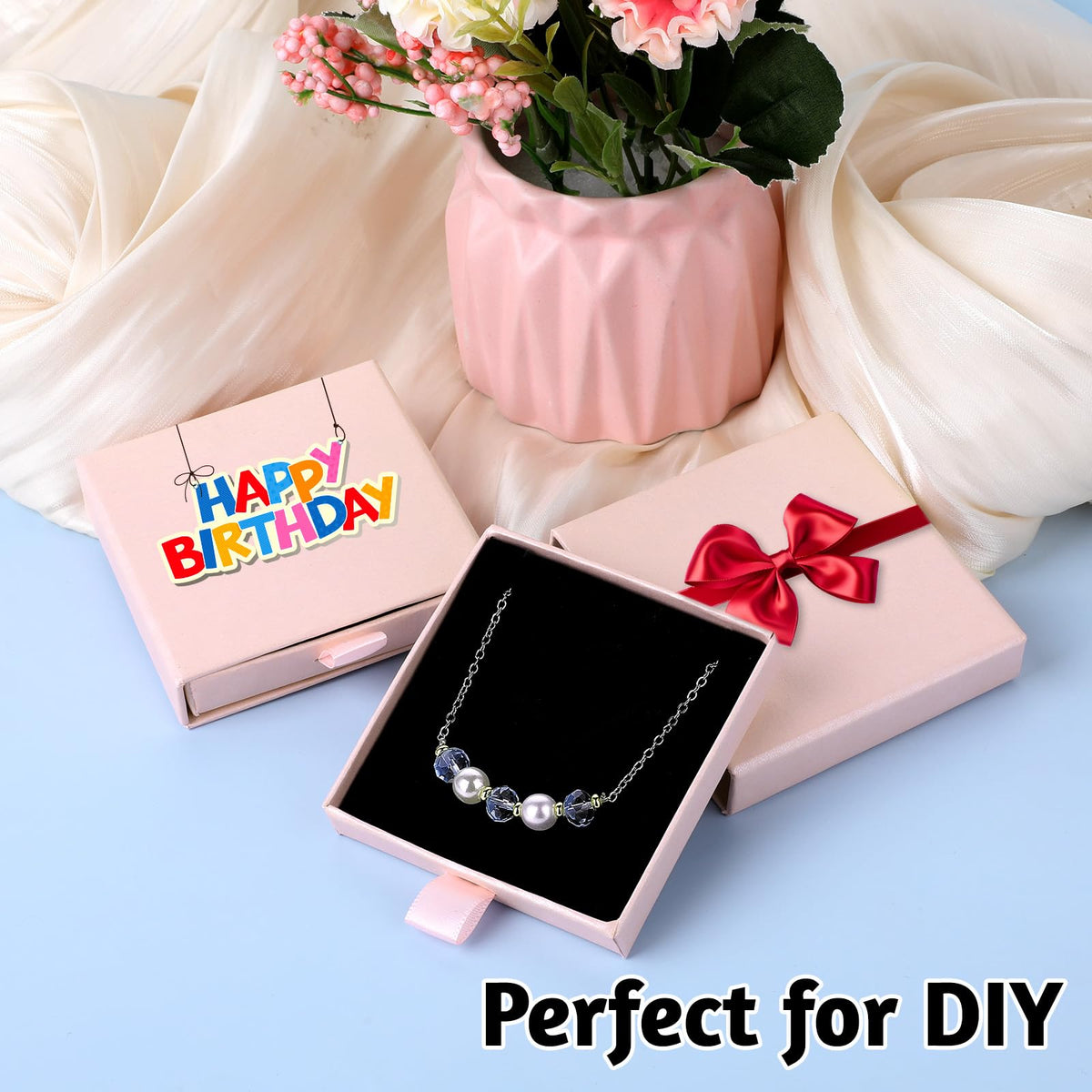 Piriuuo 2 Pack Square Jewelry Gift Boxes Cardboard Jewelry Box with Lids Necklace Boxes for Jewelry Gift Small Gift Boxes Pendant Storage Case for Bracelets Necklaces Earrings Ring Jewelry Gift(Pink)