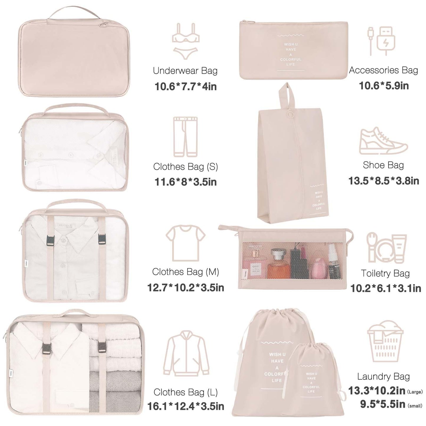 9 Set Packing Cubes for Suitcases,Packing Cube with Shoe, Cosmetics, Clothing, and Accessories Bags Packing Cubes for Travel Luggage Organizer Women Men(Beige)