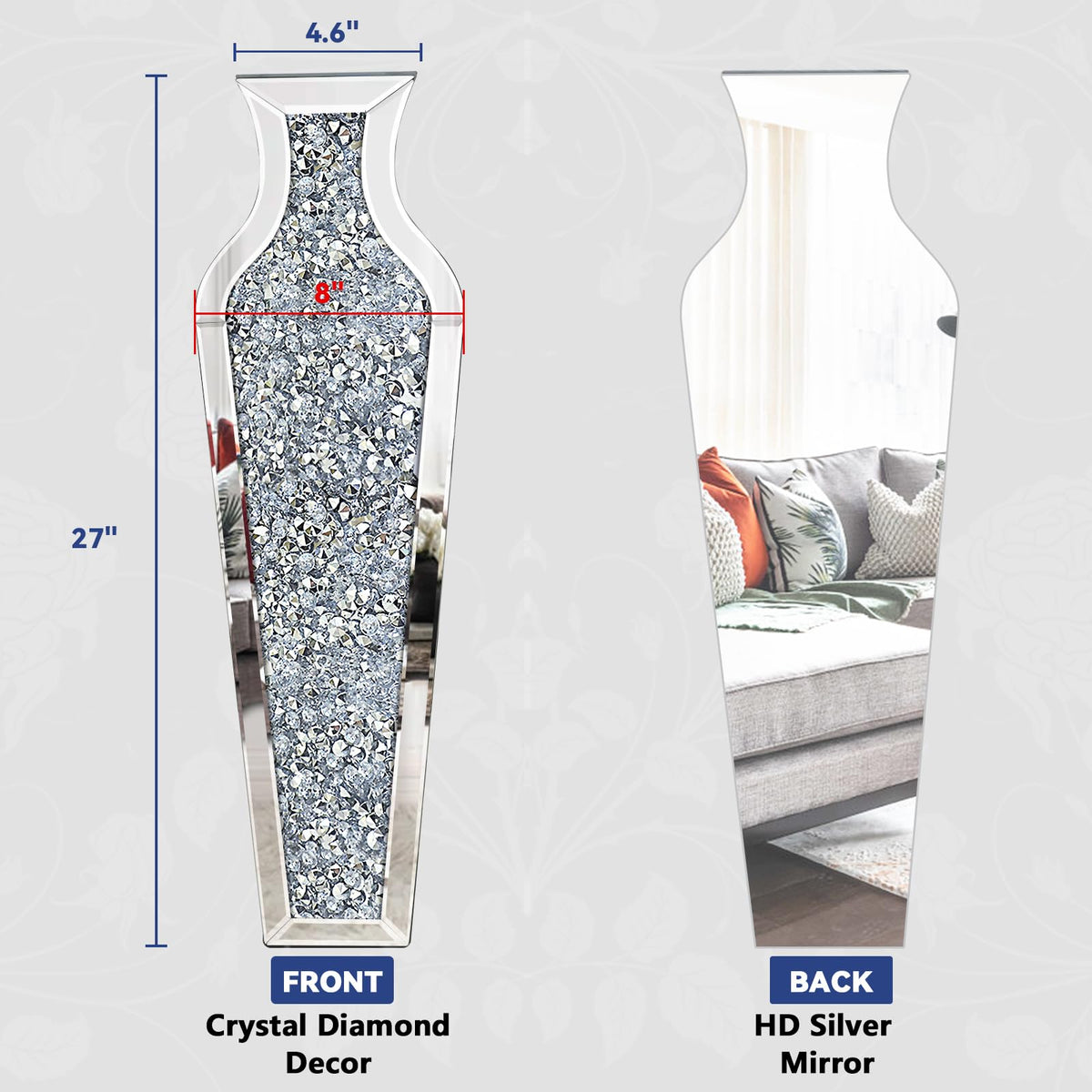 GA Home 27" Tall Crushed Diamond Floor Vase, Silver Large Vases for Decor Living Room, Crystal Mirrored Home Decor Vases for Dried Flower