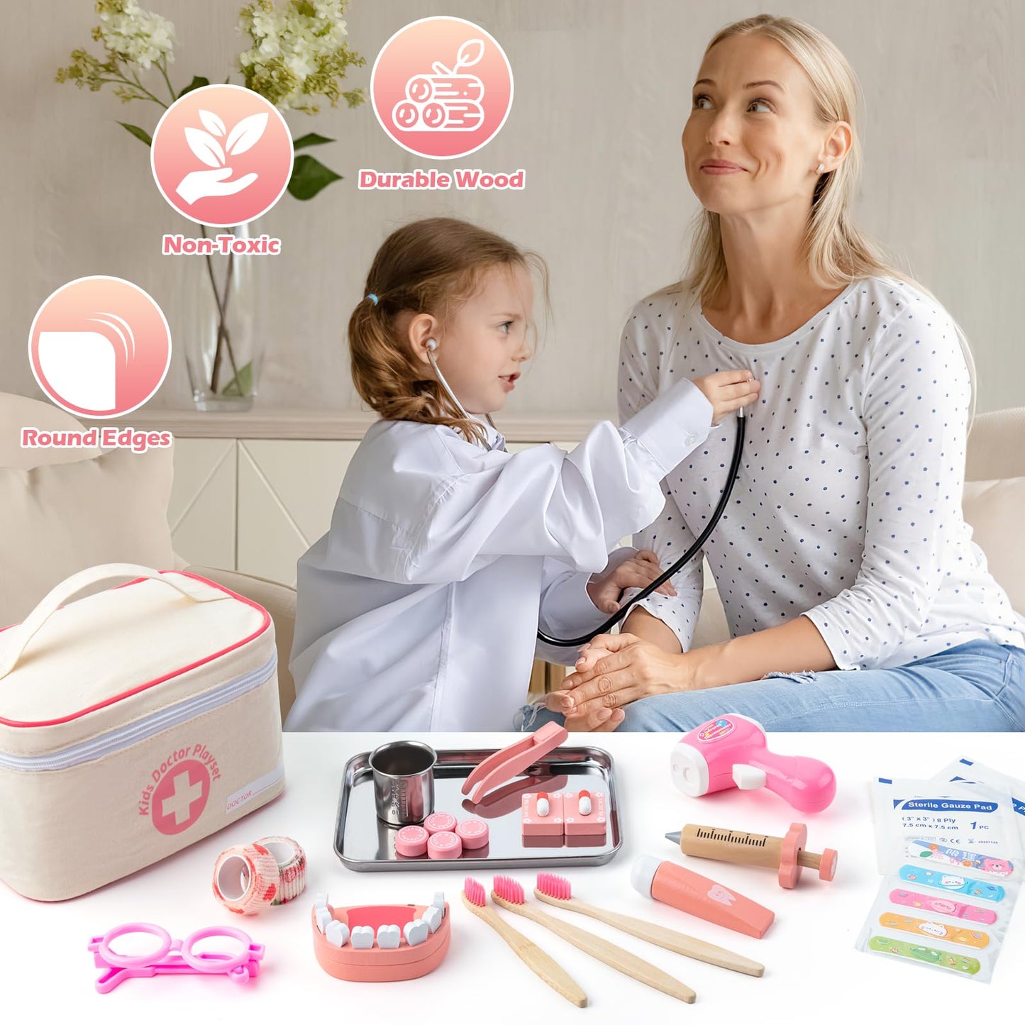 Tigerhu 32pcs Doctors Set for Kids, Kids Doctor Sets Wooden Dentist Tool Kit with Stethoscope, Doctor Roleplay Costume Dress-Up, Gifts for 3 4 5 6 Years Old Girls