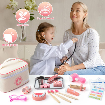 Tigerhu 32pcs Doctors Set for Kids, Kids Doctor Sets Wooden Dentist Tool Kit with Stethoscope, Doctor Roleplay Costume Dress-Up, Gifts for 3 4 5 6 Years Old Girls