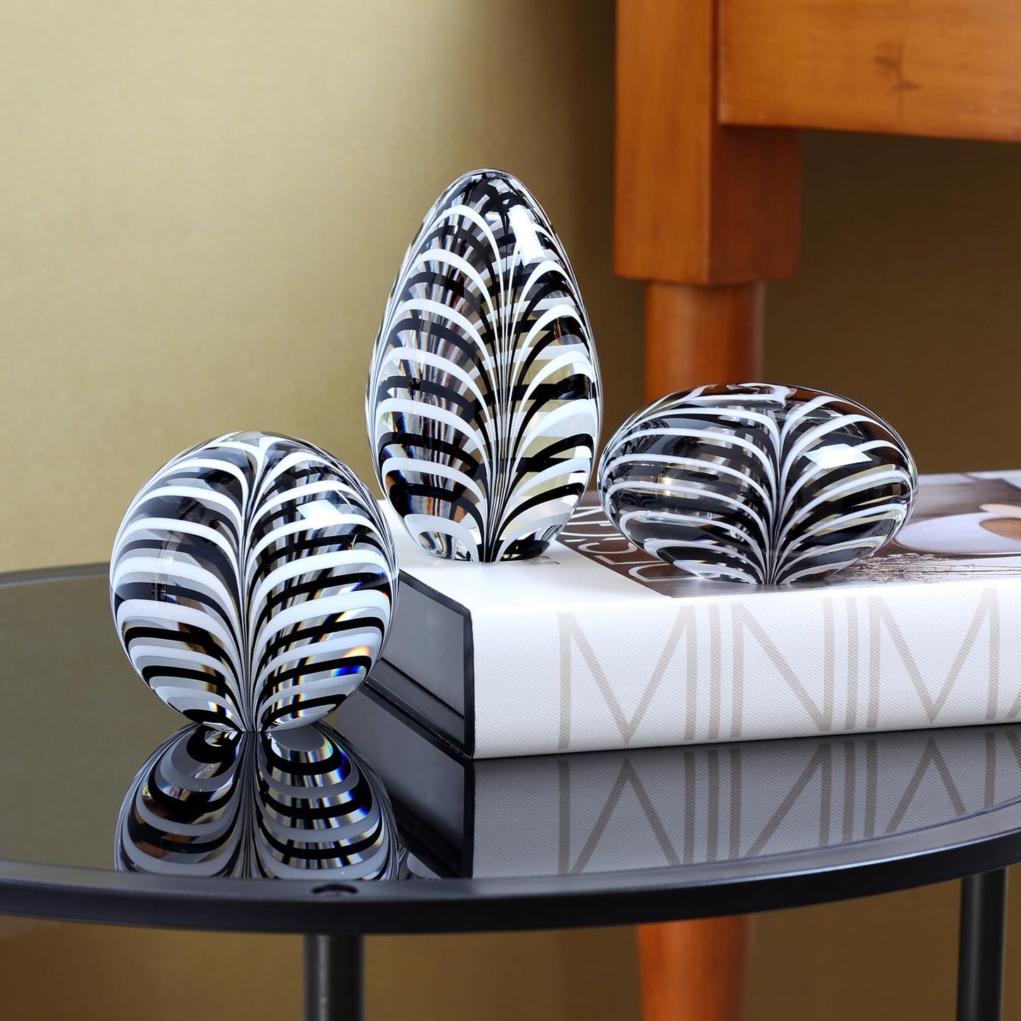 Ca D Oro Ball Glass Paperweight Black and White Feather Pattern Hand Blown Murano-Style Art Glass