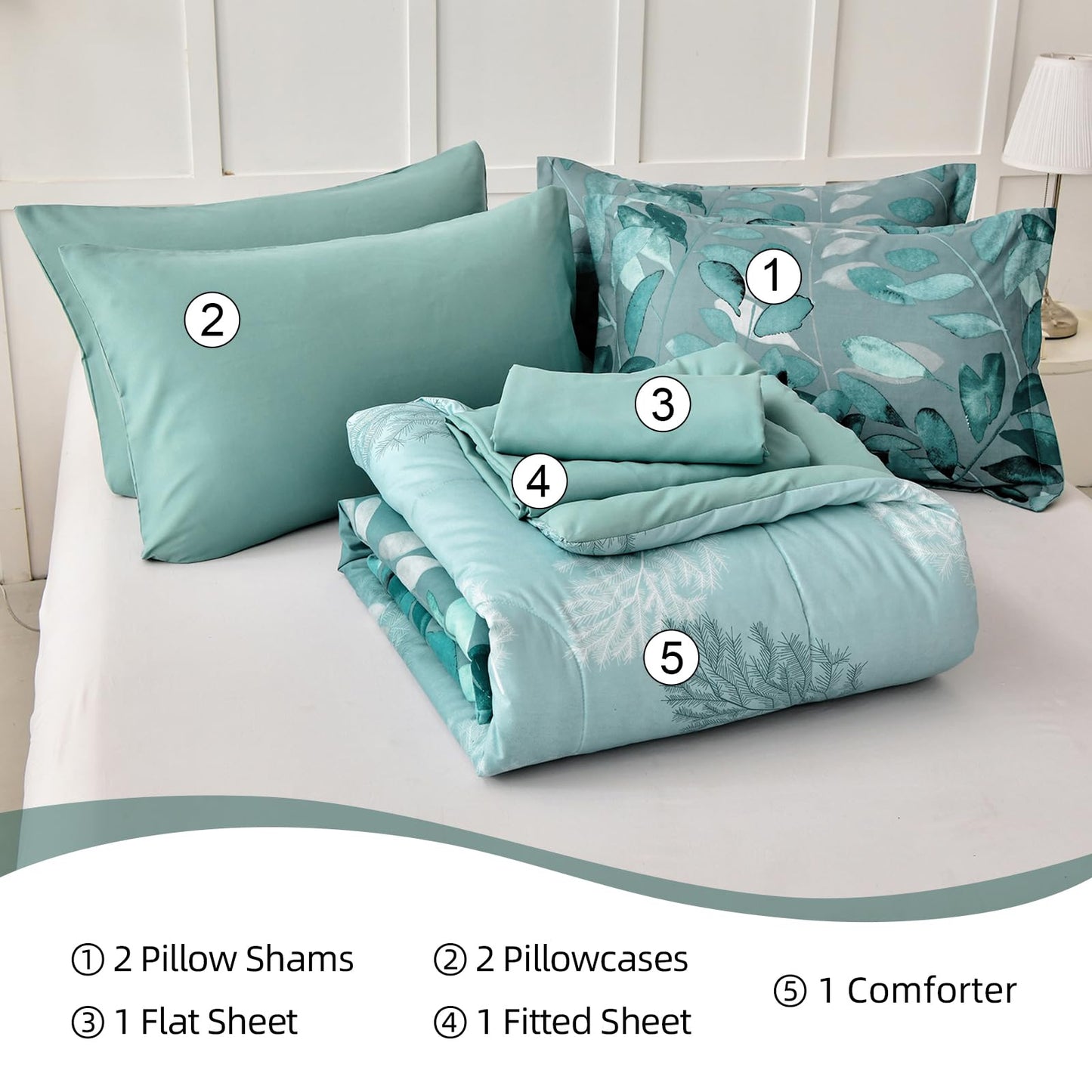 Anibedding Aqua Comforter Set Queen Size, 7 Pieces Botanical Leaves Reversible Soft Microfiber Bed in a Bag with Sheets Set All Season (90"x90")