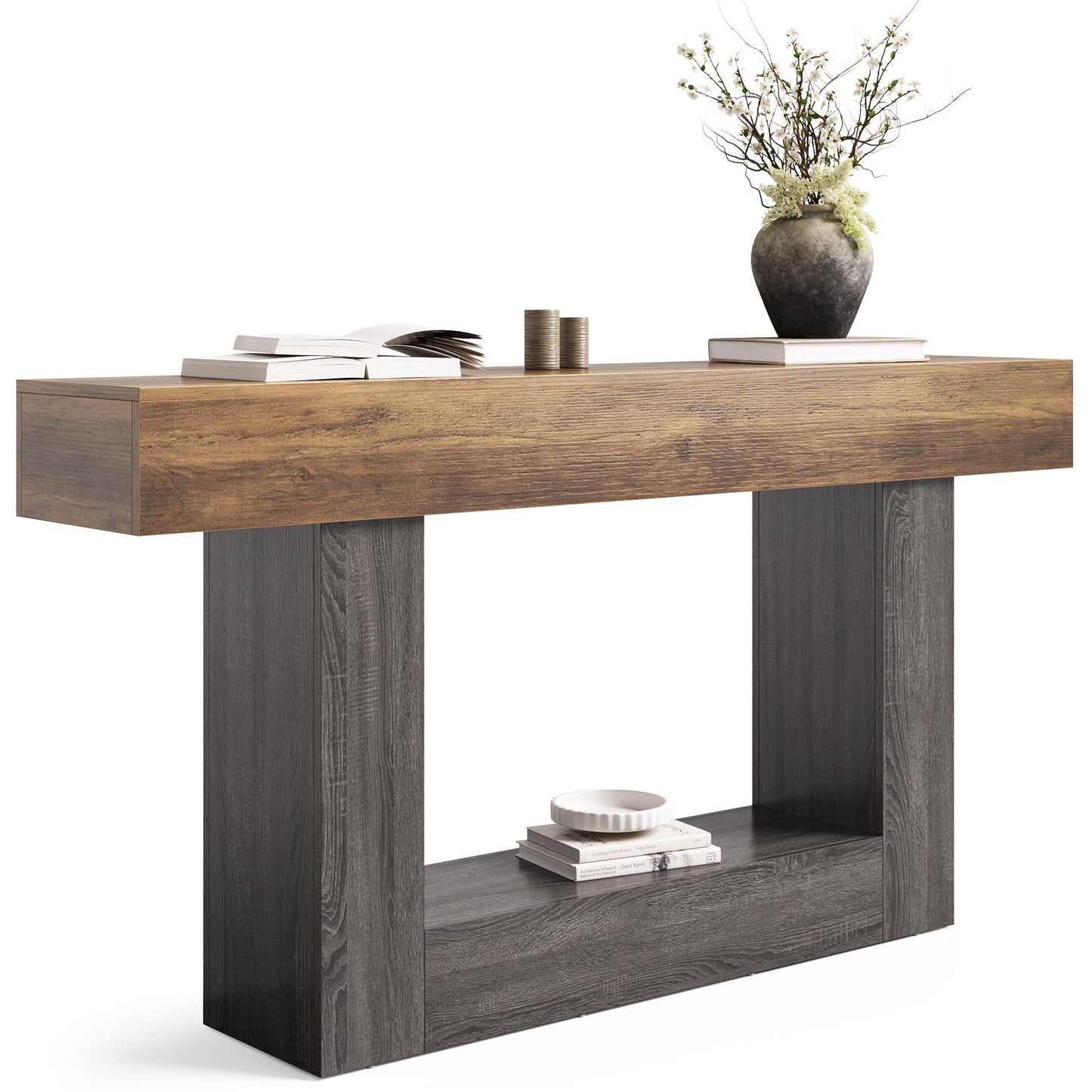 LITTLE TREE 63 Inches Long Console Table, 2-Tier Farmhouse Sofa Table Behind Couch, Large Narrow Entryway Table for Living Room, Wooden Hallway Foyer Table with Heavy Duty Base, Rustic Brown and Grey