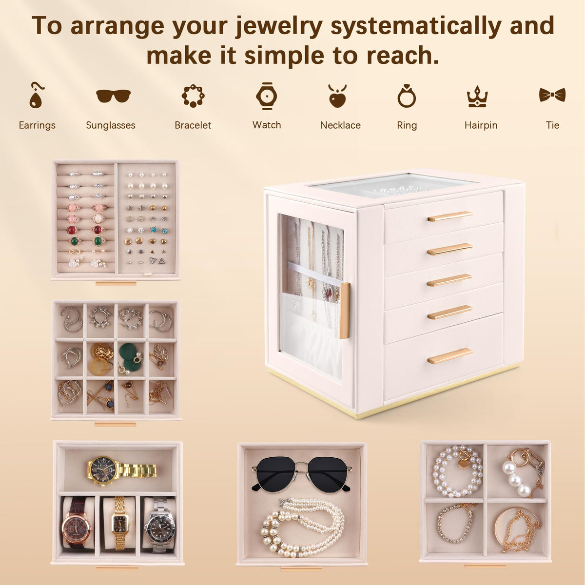 Homeanda Jewelry Box for Women with Glass Lid, 5 Drawers Jewelry Organizer and Storage for Necklaces, Rings, Earrings, Bracelets, Gift for Girls and Teens,PU Leather (Beige)