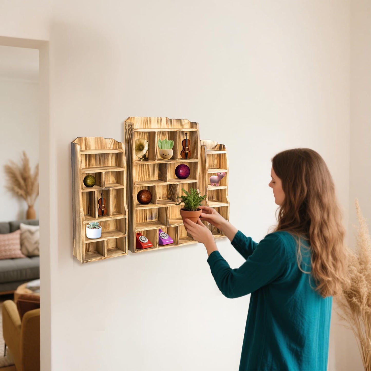 YIMITEE 3 Pack Wood Shadow Box with 27 Compartment, 16" x 10" x 2.5" Rustic Cubby Display Shelf, Wall-Mounted Freestanding Floating Shelves, Decorative Collection Display for Figures, Curio