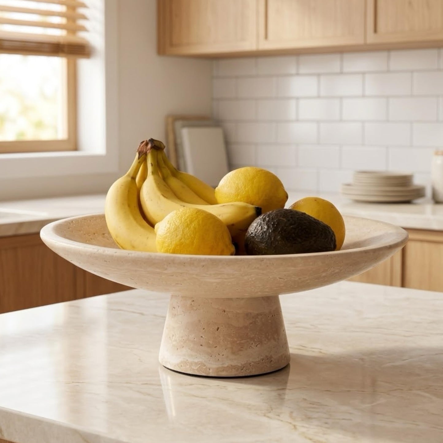 BekPooQ Travertine Fruit Bowl for Kitchen Counter, 10.2" Large Decorative Pedestal Stone Bowl, Natural Marble Centerpiece Bowl for Dining Table, Modern Organic Kitchen & Home Decor