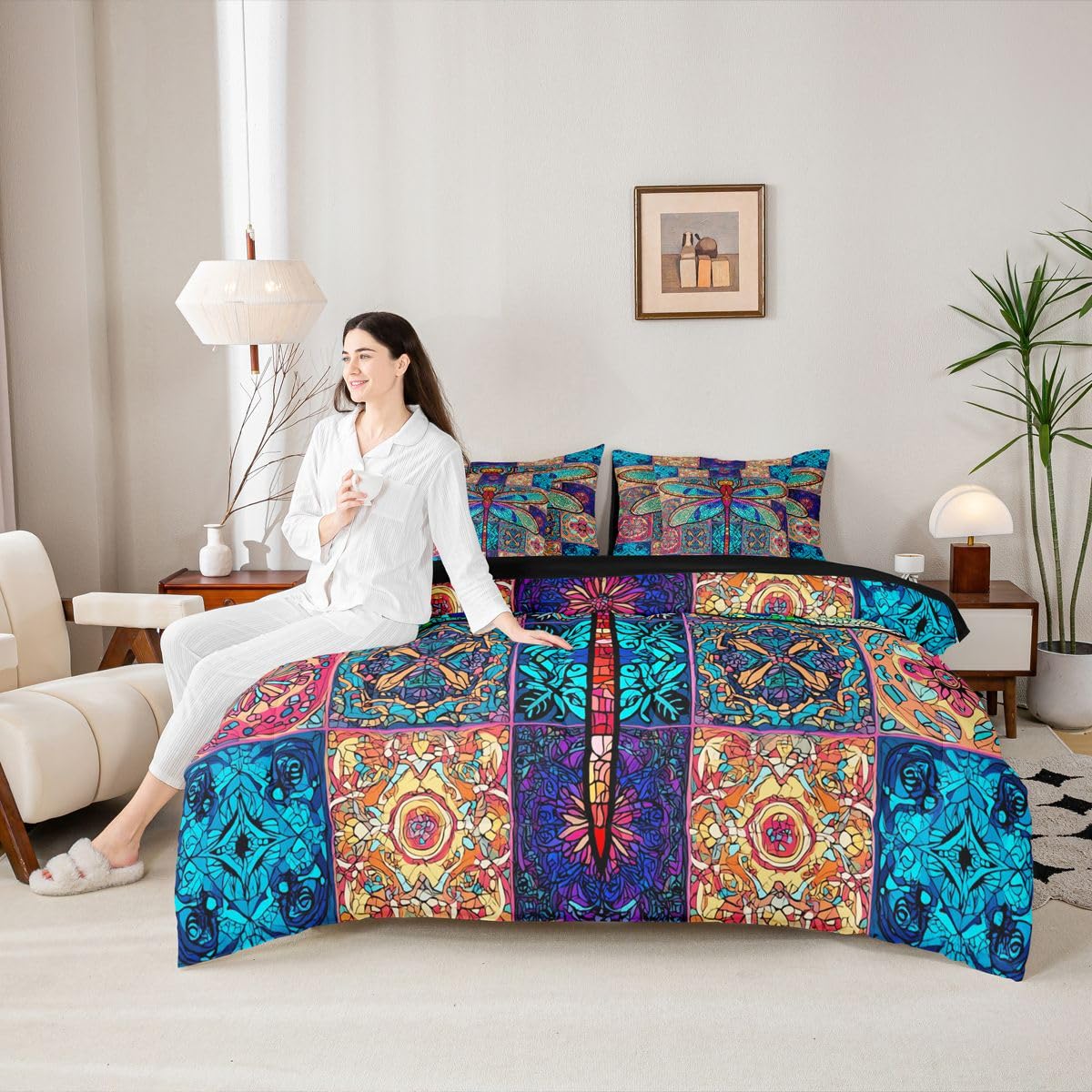 Erosebridal Dragonfly Bed in a Bag Queen Comforter Set 7 Piece | Rainbow Mandala Bedding Sets Exotic Bohemian Flower Comforter and Sheet Set, Colorful Medallion Nordic Damask Bed Sets