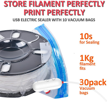 Vacbird 3D Printer Accessories Upgrade Vacuum Kit, 30pcs 3D Filament Vacuum Bags with USB Pump (30 * 34cm) Reusable, for 3D Printer Filament Storage, Protect Filament from Moisture