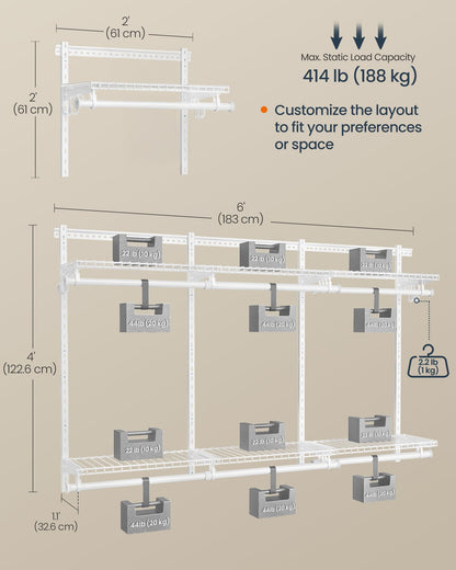SONGMICS HOME Closet System, Closet Insert Organizer, 4-6 ft, Adjustable Metal Shelving Unit with 6 Hanging Rods, 6 Shelves, and Hooks, for Pantry Mudroom Garage Basement, Cloud White URGR032W01