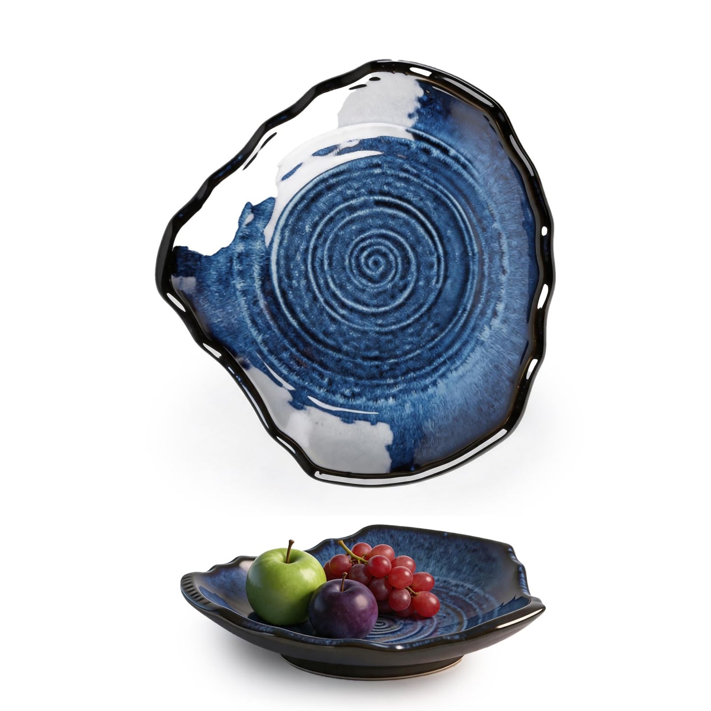 Konnieem Blue ceramic bowl, 10.6-inch wavy-rimmed bowl with a textured kiln-change glaze finish, ideal for serving fruit and desserts or as a decorative piece for the home