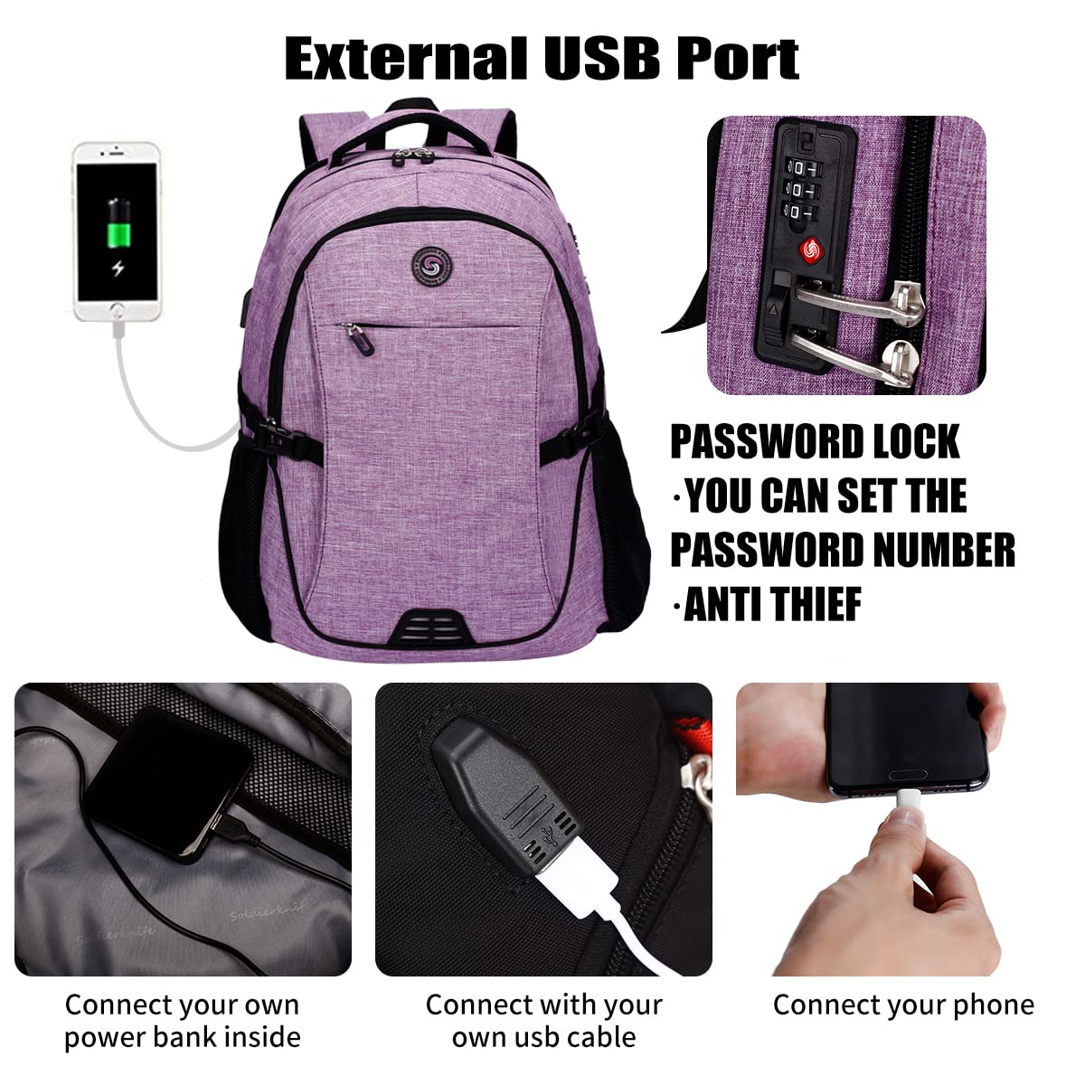 SHRRADOO Anti Theft Laptop Backpack Travel Backpacks with usb Charging Port for Women Men, Purple, L, Travel Laptop Backpack