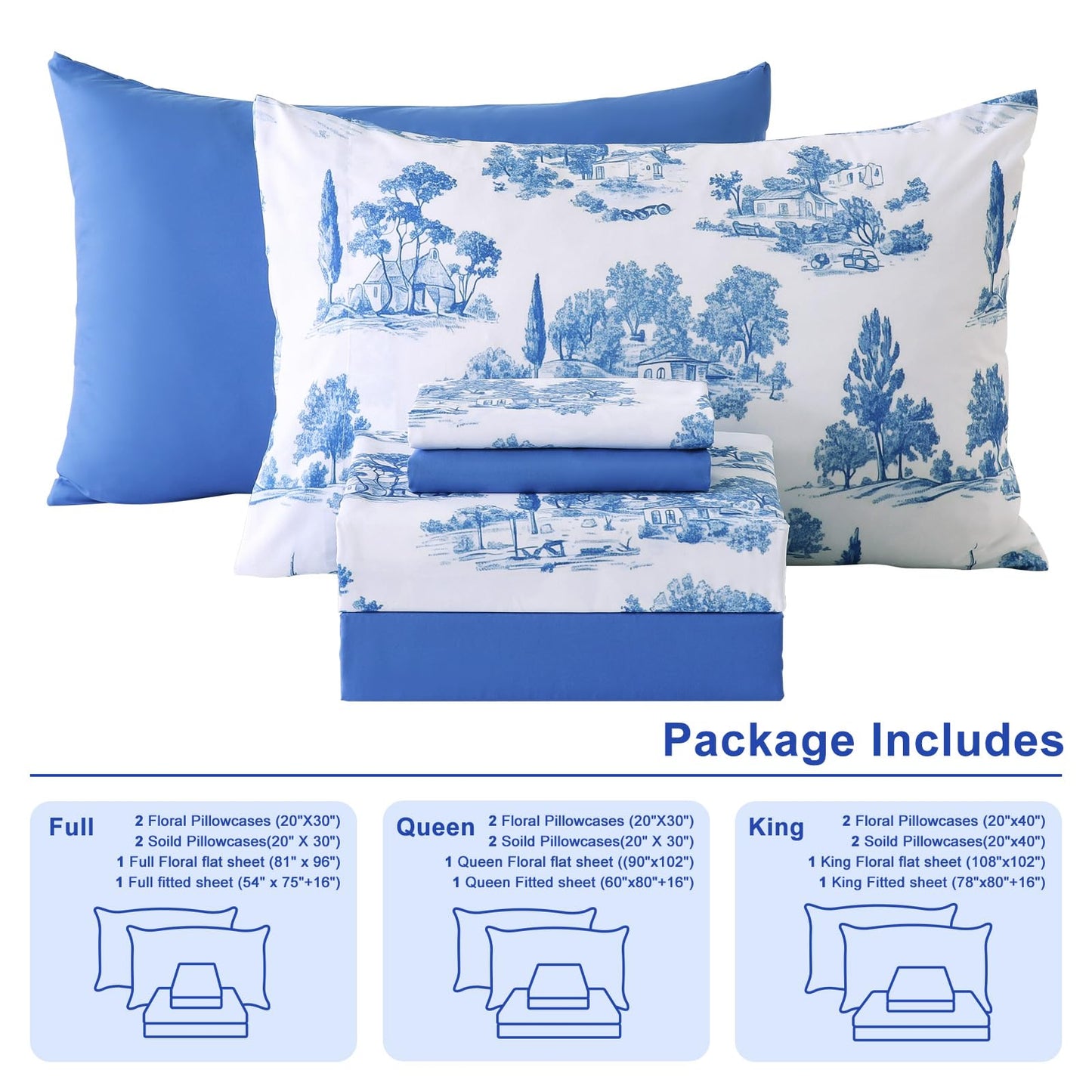 Botanical 6-Piece Full Size Sheets Set, Boho Floral Print Brushed Microfiber Sheets, Cooling Bed Sheet Set, Ultra Soft & Breathable, 16' Deep Pocket Fitted Sheet & Pillowcase Set, Blue Floral