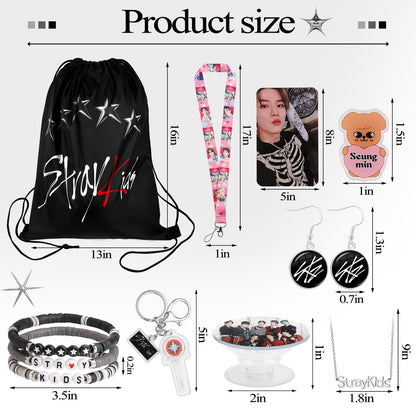Japior Stray Kids Gifts Set,Including Drawstring Bag, 8 Cartoon Badges,50 Stickers,8 Photocards,3 Themed Bracelets, Necklace,Earrings, Keychain,Straykids Lanyards for Fans