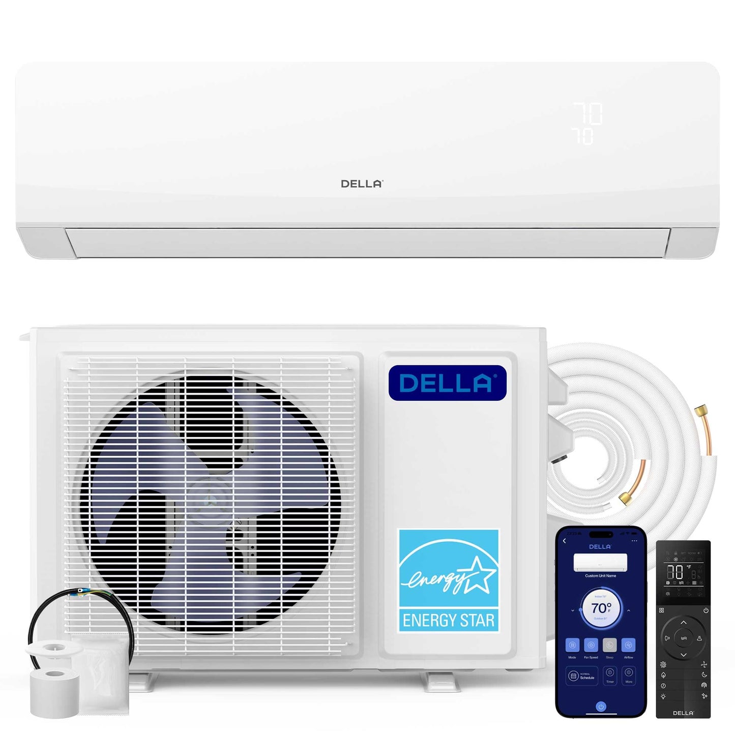 DELLA Serena Series 9000 BTU Mini Split AC, Energy Star 22 SEER2 230V, 0.75 Ton Inverter Heat Pump Ductless AC System for Rooms up to 400 Sq.Ft, WiFi & Alexa Control, Pre-Charged, 16.4ft Install Kit