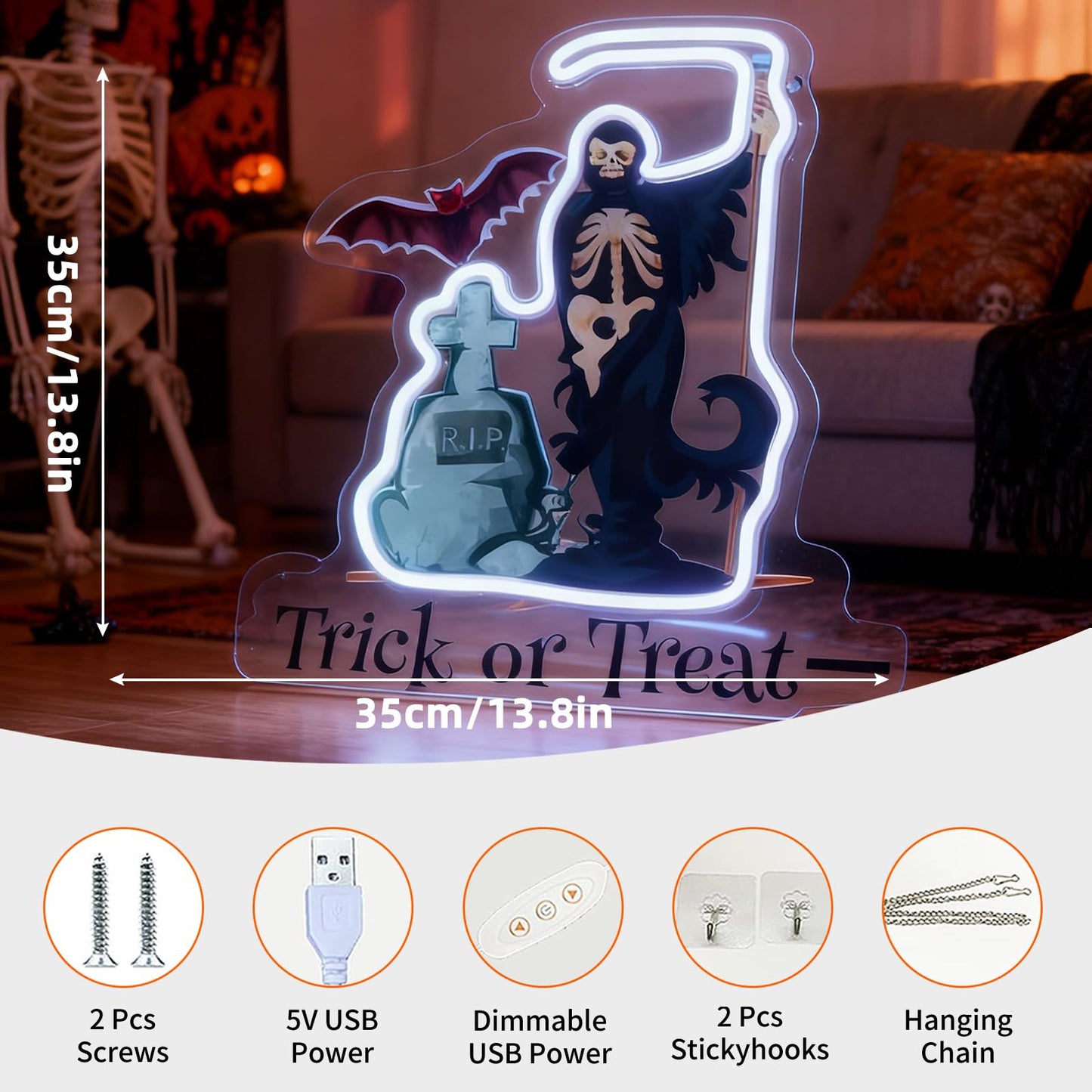 Trick or Treat LED Neon Sign, Home Front Porch Haunted House Horror Themed Party Wall Table Decor, Halloween Light Up Sign, USB Powered Decorative Light 13.8 x 13.8 In