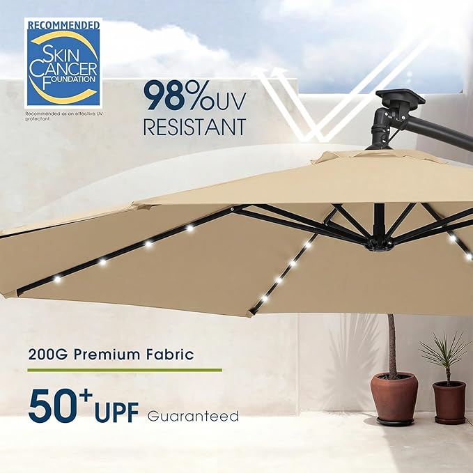 wikiwiki 10ft Solar LED Patio Umbrella with Base Included, Offset Umbrella with Weighted Sandbag Base, Cantilever Patio Umbrellas for Backyard, Garden & Deck, 32 LED Lights & Polyester Shade, Tan