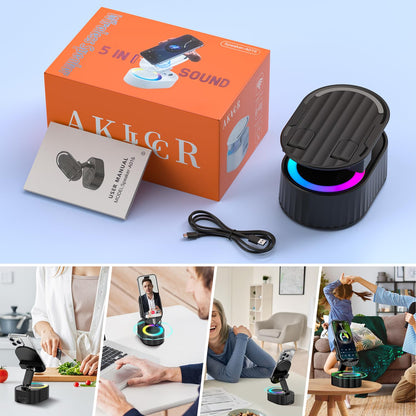 AKLLCCR Wireless Induction Audio Bluetooth Speaker 5in1 Phone Holder Emergency Rechargeable (3000mAh) with Colorful Ambient Light 300° Foldable for Tablet iPhone Android, Gifts for Men Women (Black)