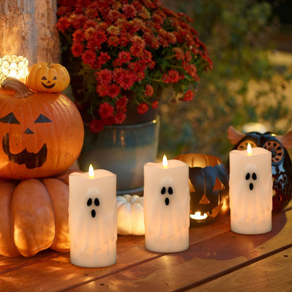 Lasumora Halloween Ghost Flameless Pillar Candles with Remote Timer, Battery Operated LED Candles for Halloween Decorations Indoor Halloween Home Decor Gifts (2 Pack, 3” x 6.5”)