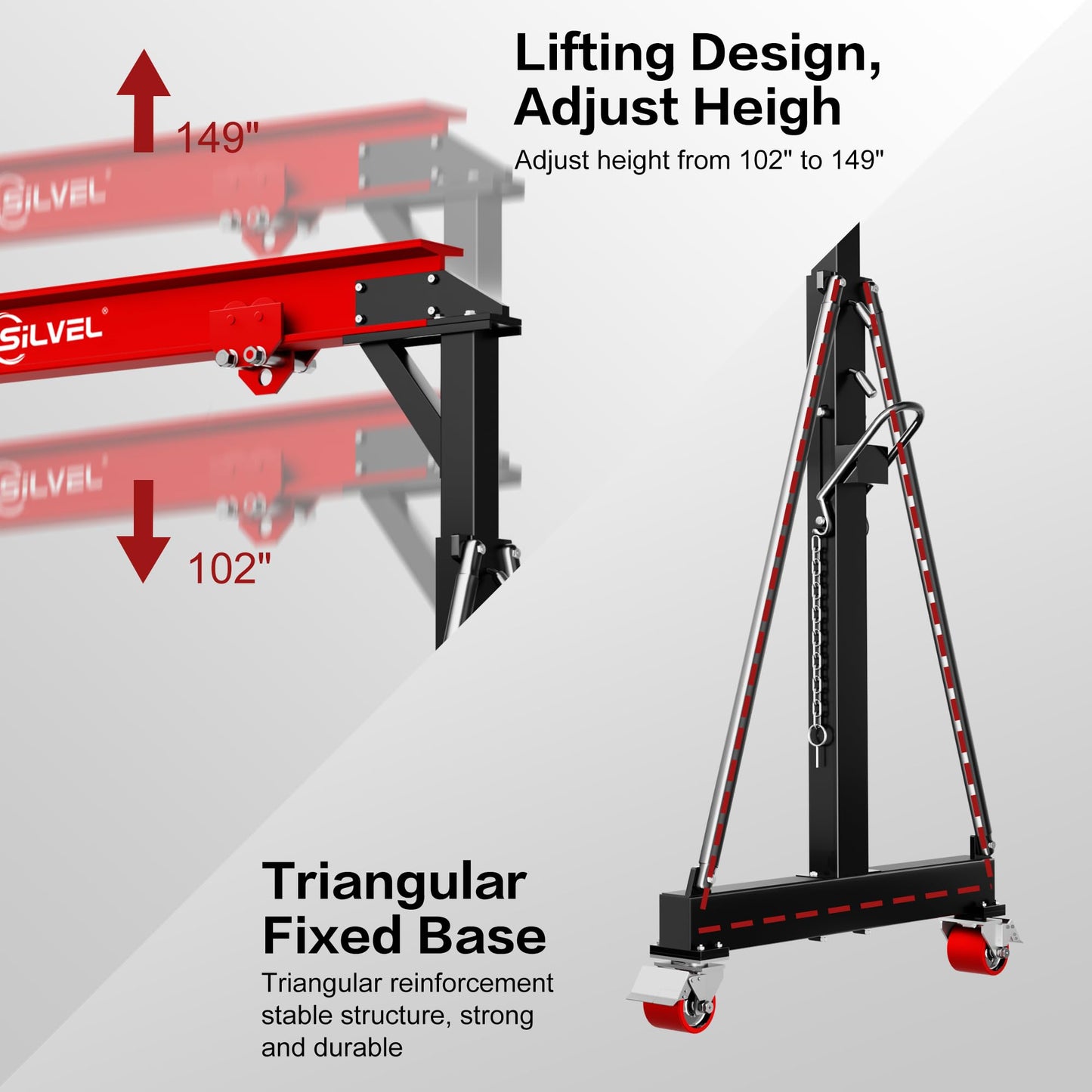 SILVEL 3 Ton 6600Lbs Gantry Crane, 8.53FT Maximum Capacity Width, Adjustable Height 8.53-12.47FT, Portable Shop Lift Hoist with 3 Ton Manual Trolley for Factories, Warehouses, Garage, Red