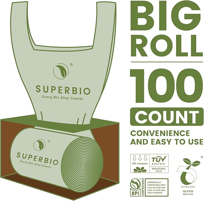 SUPERBIO 2.6 Gallon Compostable Bags, 2 Pack, Handle Tie Food Waste Bags