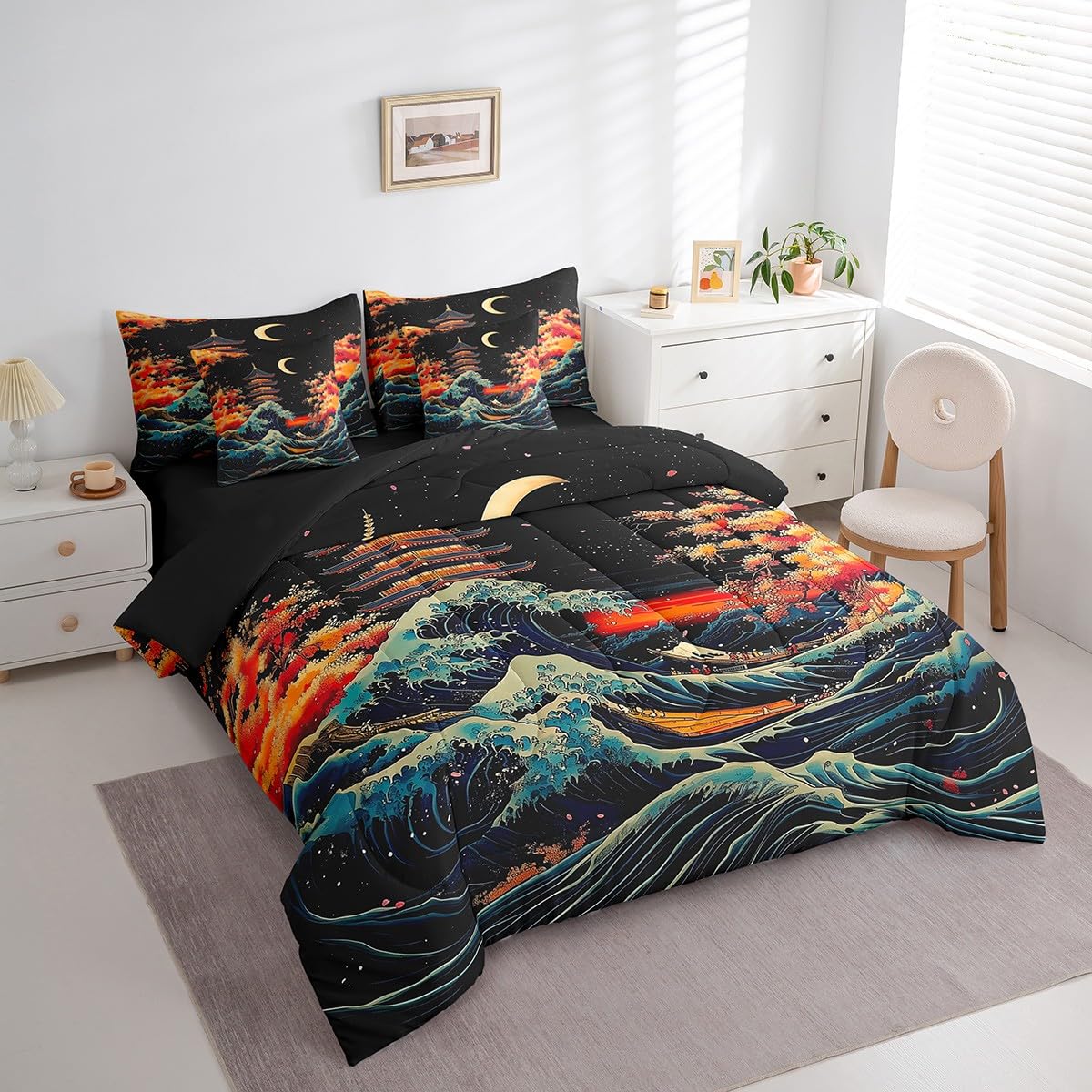 Erosebridal Blue Ocean Waves Queen Bedding Set 7 Piece,Japanese Cherry Blossom Comforter Set with Sheets for Kids Girls Boys,Ukiyoe Style Oriental Theme Bed Set with Fitted+Flat Sheet,Pillowcases