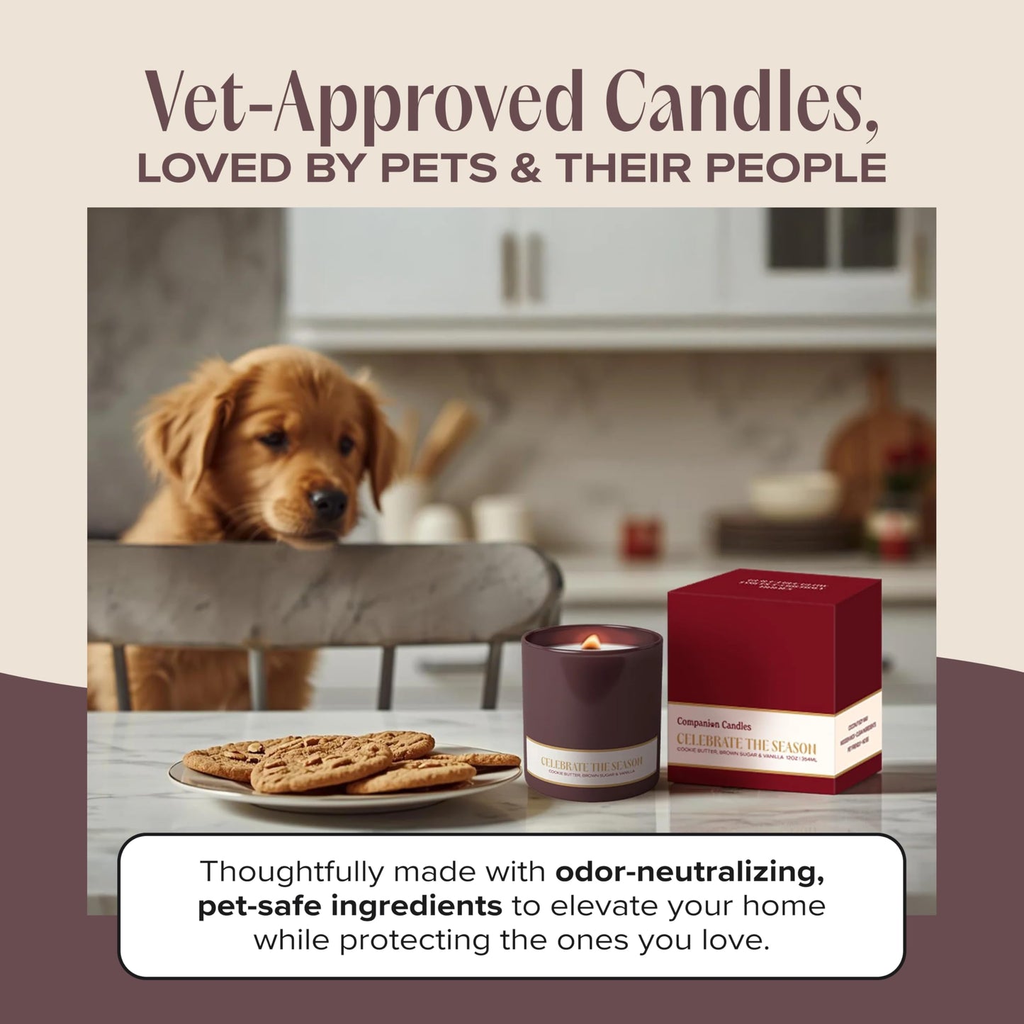 Companion Candles Celebrate the Season Pet-Friendly Scented Candle – Cookie Butter, Brown Sugar & Vanilla Fragrance - Coconut Soy Wax Candle with Wooden Wick, 50-Hour Burn Time, Made in USA, 11.8 oz